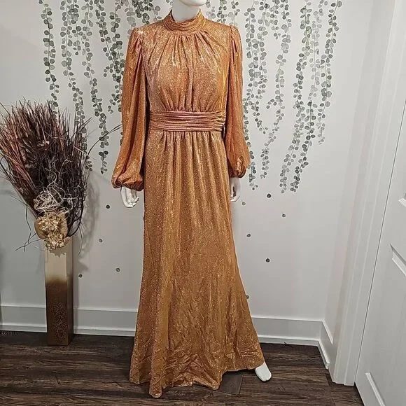 Mac Duggal Bishop Sleeve High Neck Dress Sz 12 - Picture 2 of 11